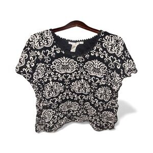 Max Studio Oversized Black and White Patterned Sheer Boho Vacation Top Blouse